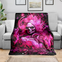 Printed skull lady throw blanket in black with glowing pink portrait and roses