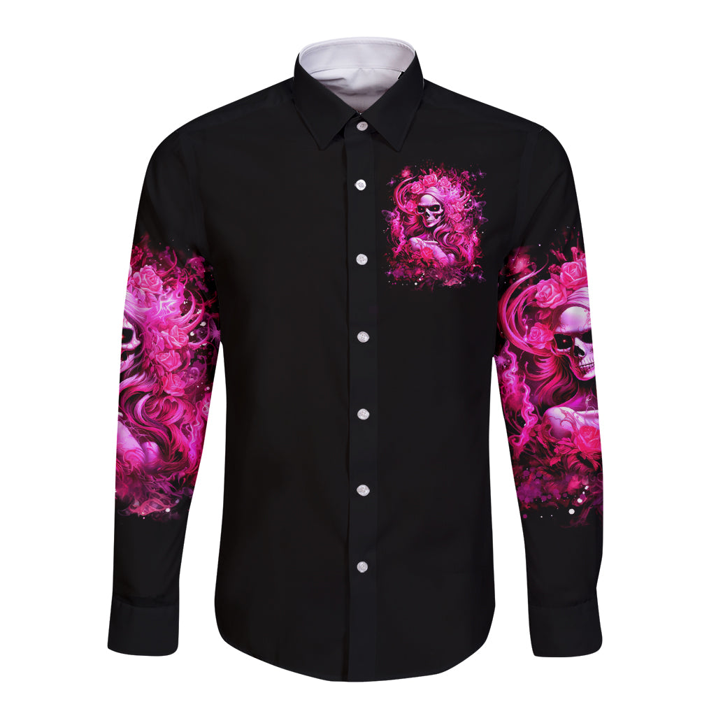 Unisex black long-sleeve button-up shirt, front skull logo with pink flame sleeve print