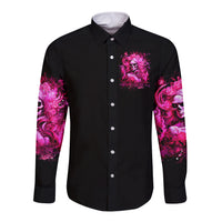 Unisex black long-sleeve button-up shirt, front skull logo with pink flame sleeve print