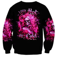 Black unisex sweatshirt with skull lady graphic and pink flame pattern on front