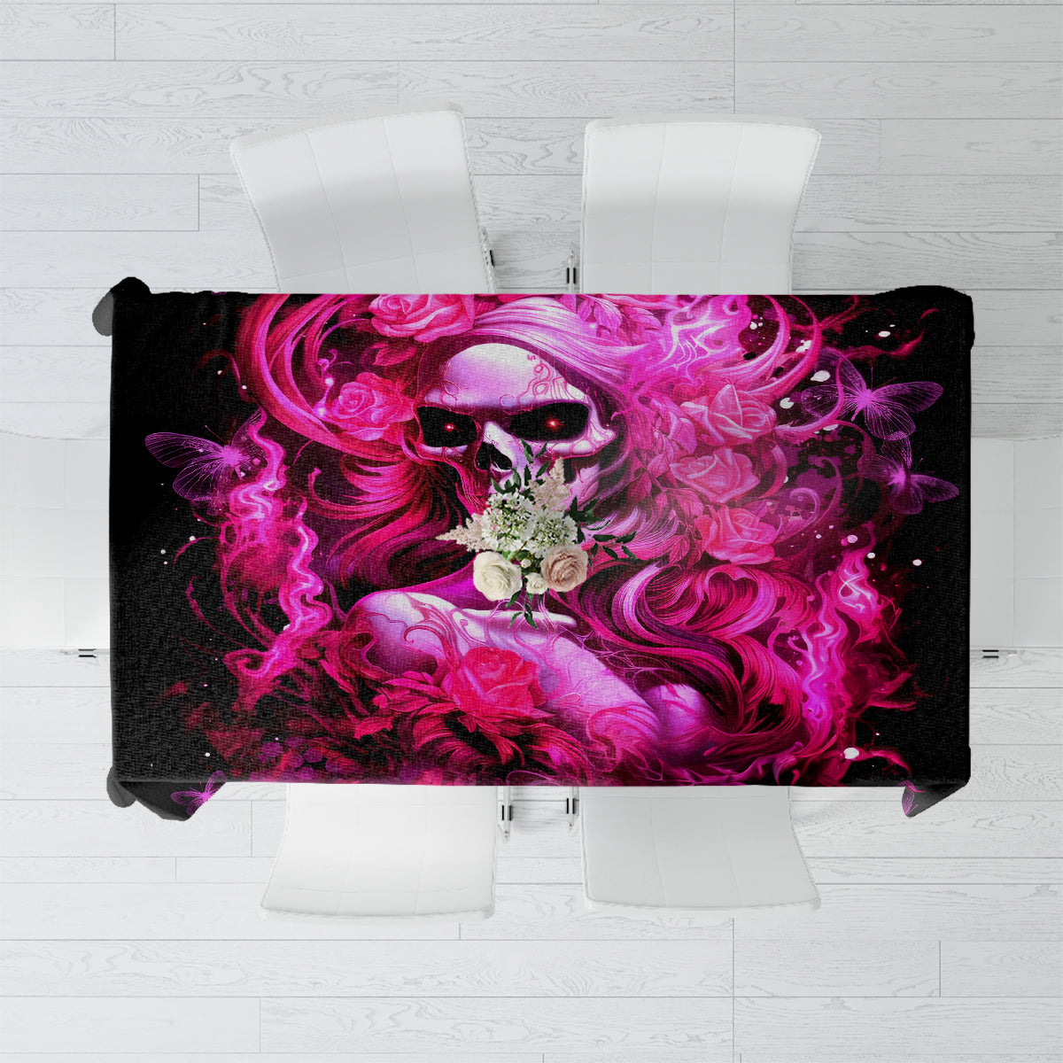Black tablecloth with purple skull-lady graphic, flame accents, rectangular fold details