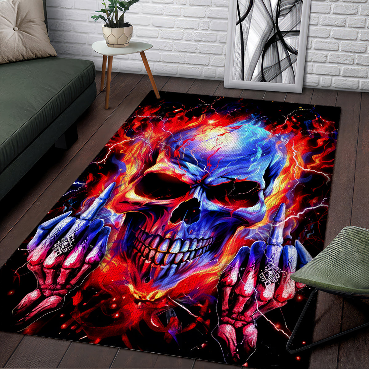Rectangular black flame skull area rug with blue-red skull and burning hand graphics