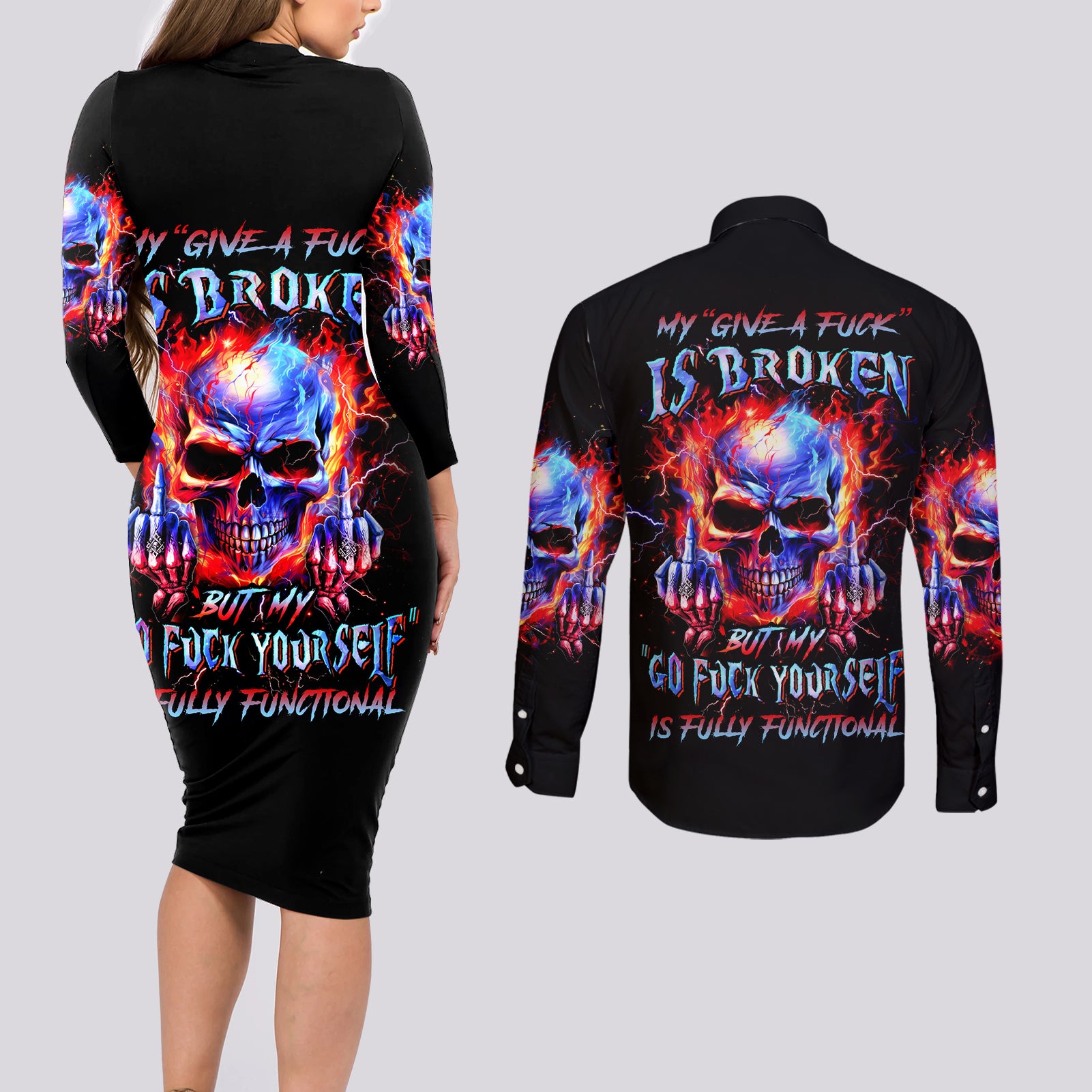 Flame Skull Couples Matching Long Sleeve Bodycon Dress and Long Sleeve Button Shirt My Give A Fuck Is Broken But My Go Fuck Yourself Is Fully Functional - Wonder Print Shop