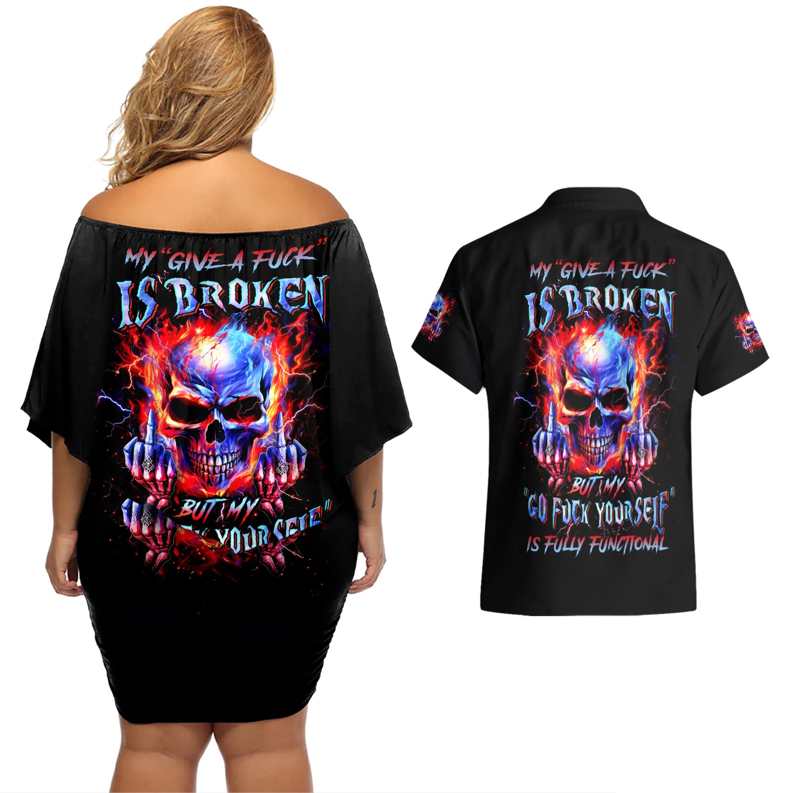 Flame Skull Couples Matching Off Shoulder Short Dress and Hawaiian Shirt My Give A Fuck Is Broken But My Go Fuck Yourself Is Fully Functional - Wonder Print Shop