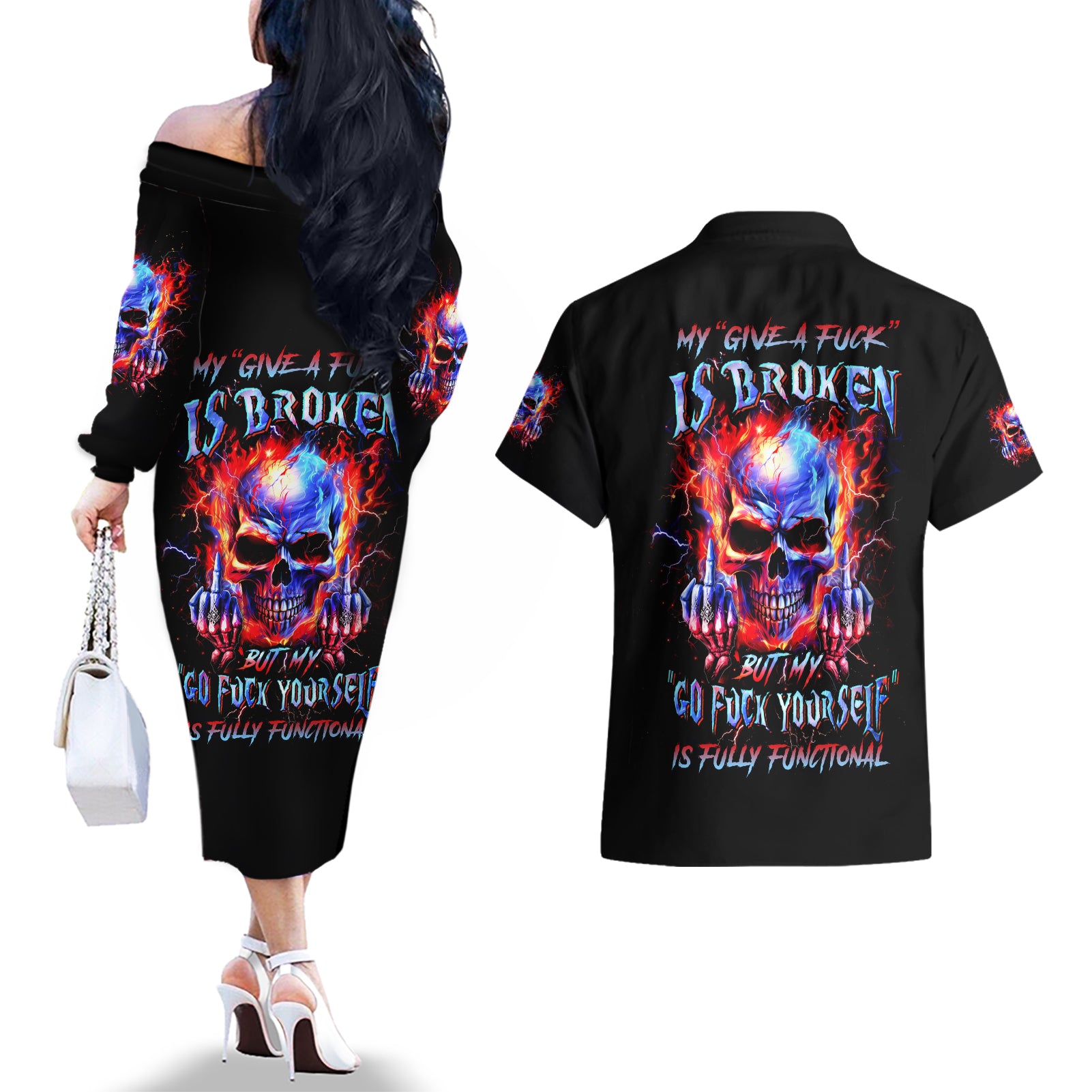 Flame Skull Couples Matching Off The Shoulder Long Sleeve Dress and Hawaiian Shirt My Give A Fuck Is Broken But My Go Fuck Yourself Is Fully Functional - Wonder Print Shop