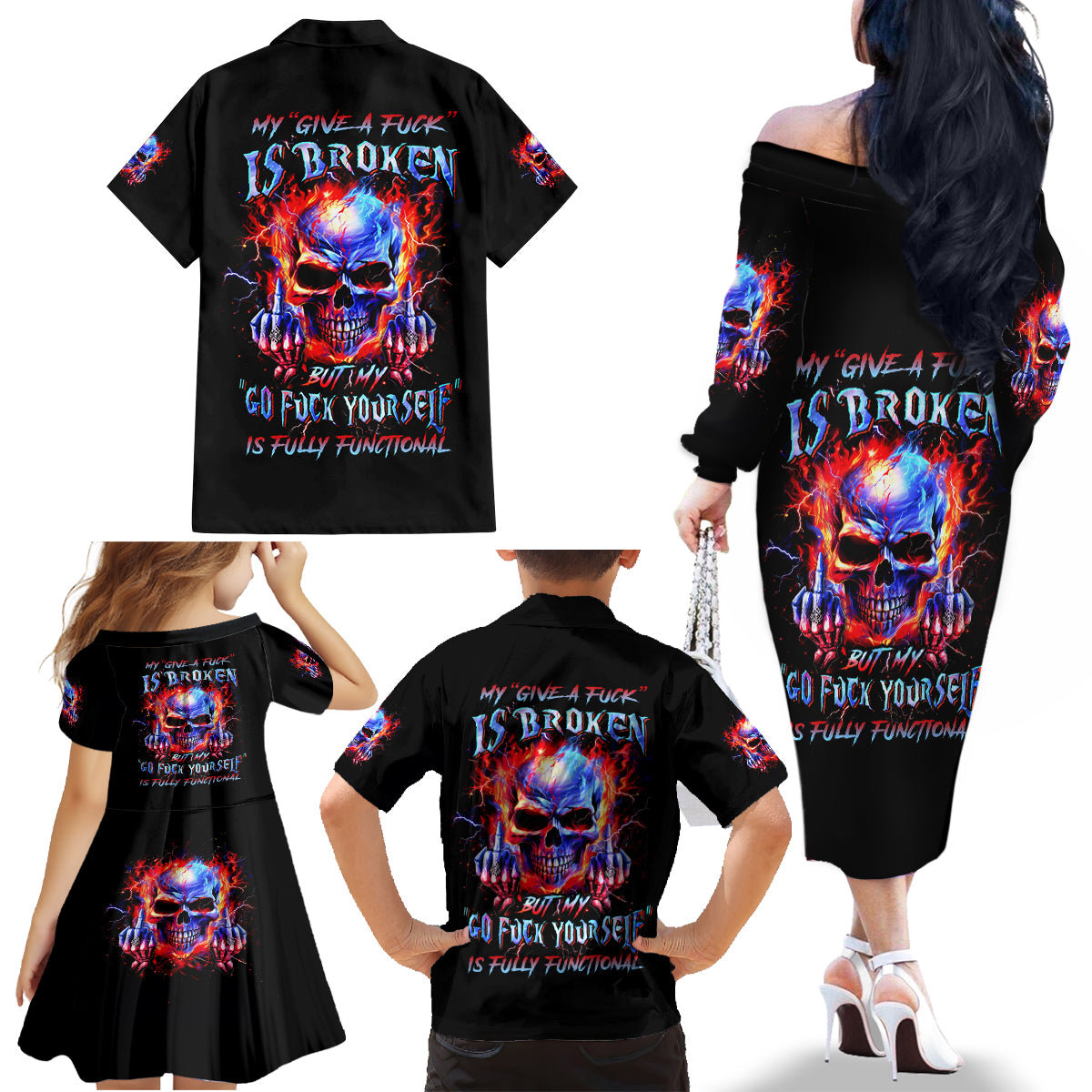 Flame Skull Family Matching Off Shoulder Long Sleeve Dress and Hawaiian Shirt My Give A Fuck Is Broken But My Go Fuck Yourself Is Fully Functional - Wonder Print Shop