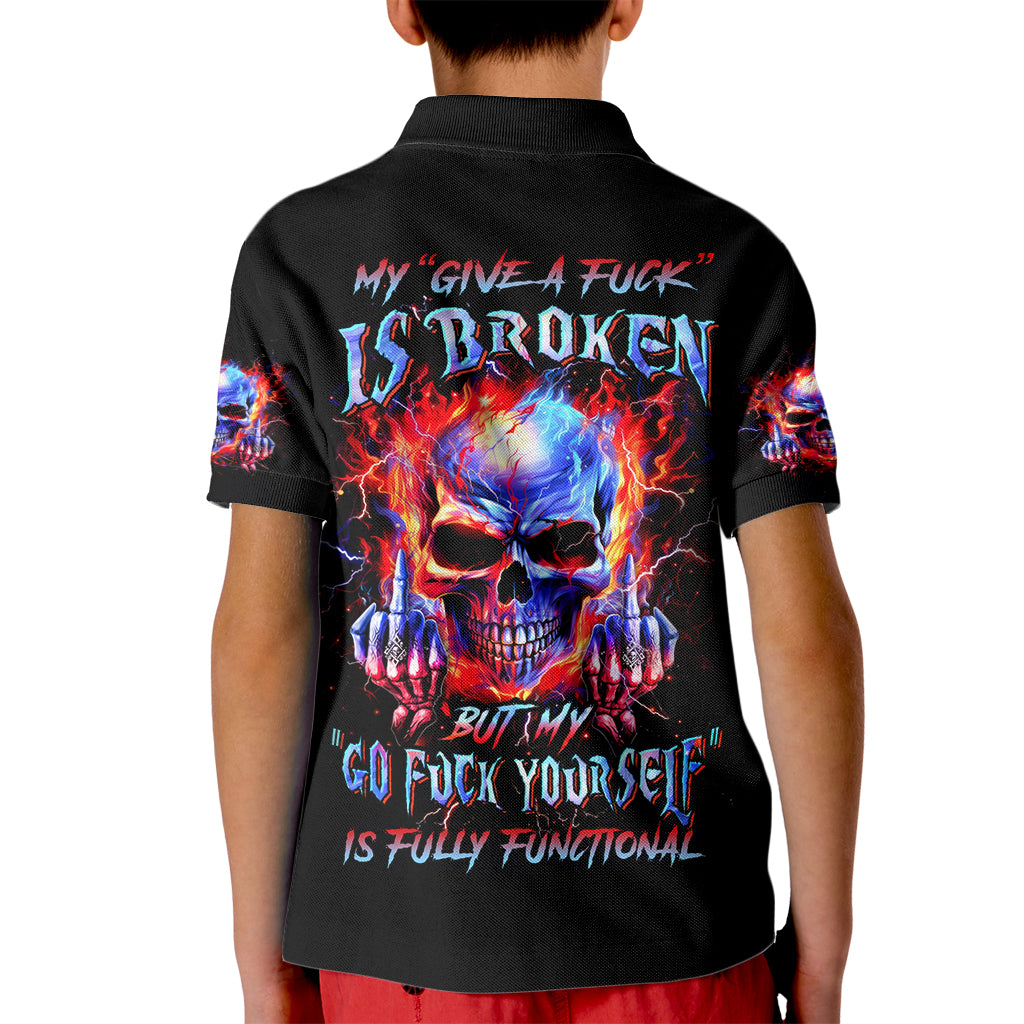 Flame Skull Kid Polo Shirt My Give A Fuck Is Broken But My Go Fuck Yourself Is Fully Functional - Wonder Print Shop