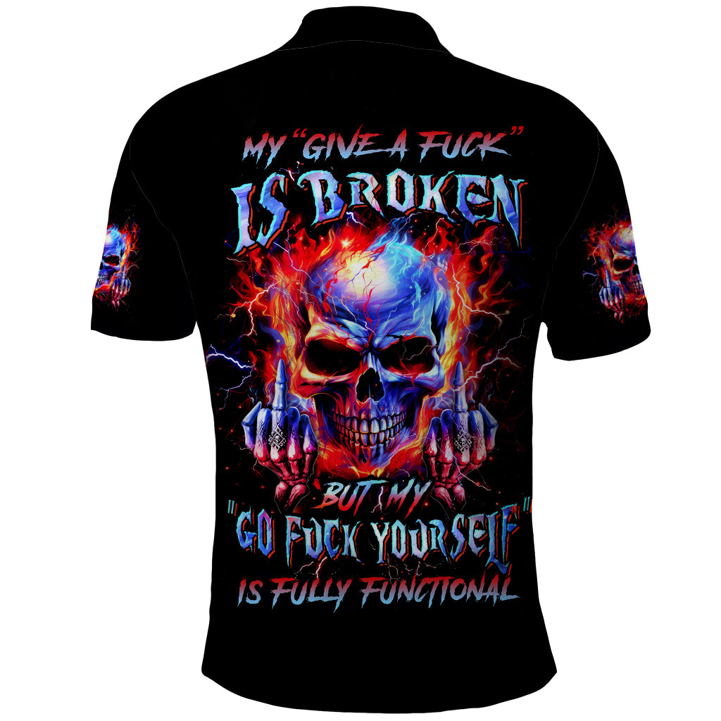 Flame Skull Polo Shirt My Give A Fuck Is Broken But My Go Fuck Yourself Is Fully Functional - Wonder Print Shop