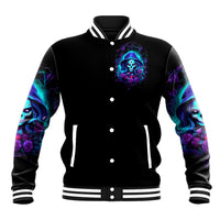 Black baseball jacket with front skull-rose graphic, snap buttons, striped collar