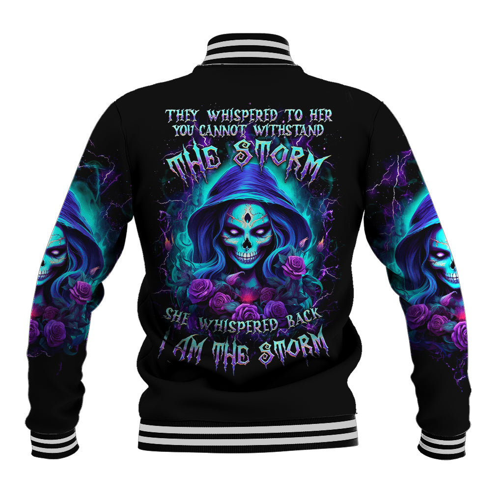 Black baseball jacket with back skull-rose graphic and striped ribbed collar cuffs