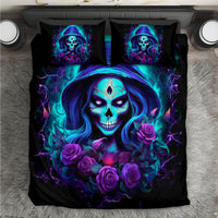 Black bedding set with blue and purple skull lady print, rose accents, 2 pillows.