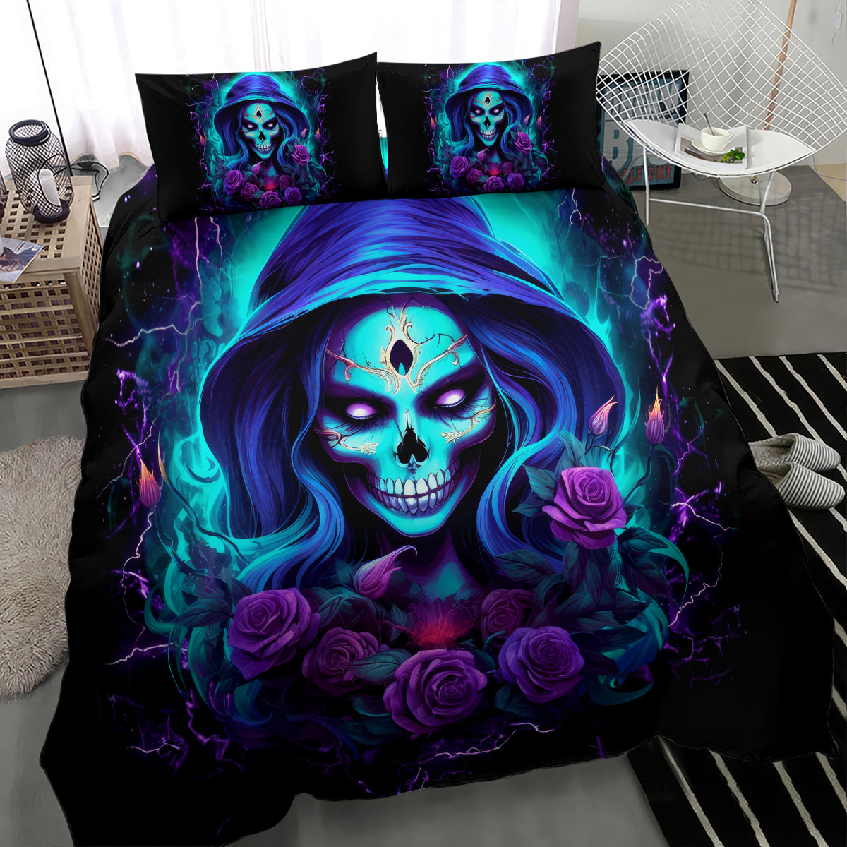 Black bedding set featuring oversized blue skull lady portrait with purple roses and 2 pillowcases.