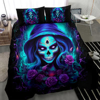 Black bedding set featuring oversized blue skull lady portrait with purple roses and 2 pillowcases.