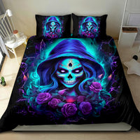 Black bedding set with blue glow skull lady artwork and purple roses, 2 matching pillowcases.