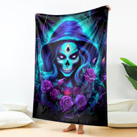Skull lady themed blanket featuring hooded skull face with purple roses and teal accents