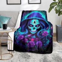 Skull lady themed blanket with hooded skull portrait and purple roses in glowing teal