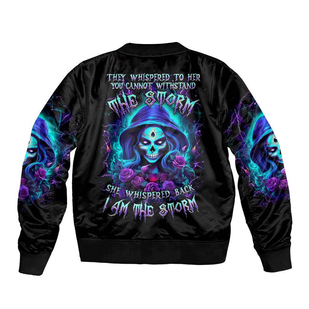 Black unisex bomber jacket with back skull-rose neon graphic and text