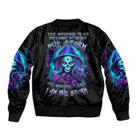 Black unisex bomber jacket with back skull-rose neon graphic and text