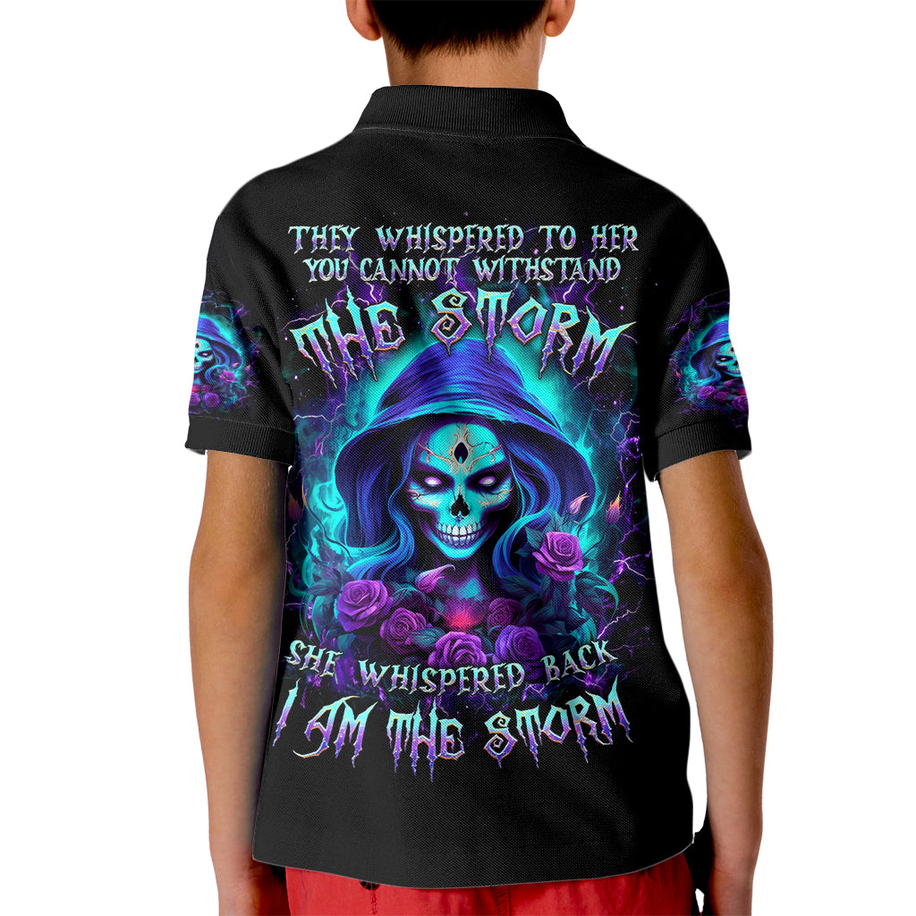 Skull Lady Kid Polo Shirt Rose Skull She Whispered Back Iam The Storm - Wonder Print Shop