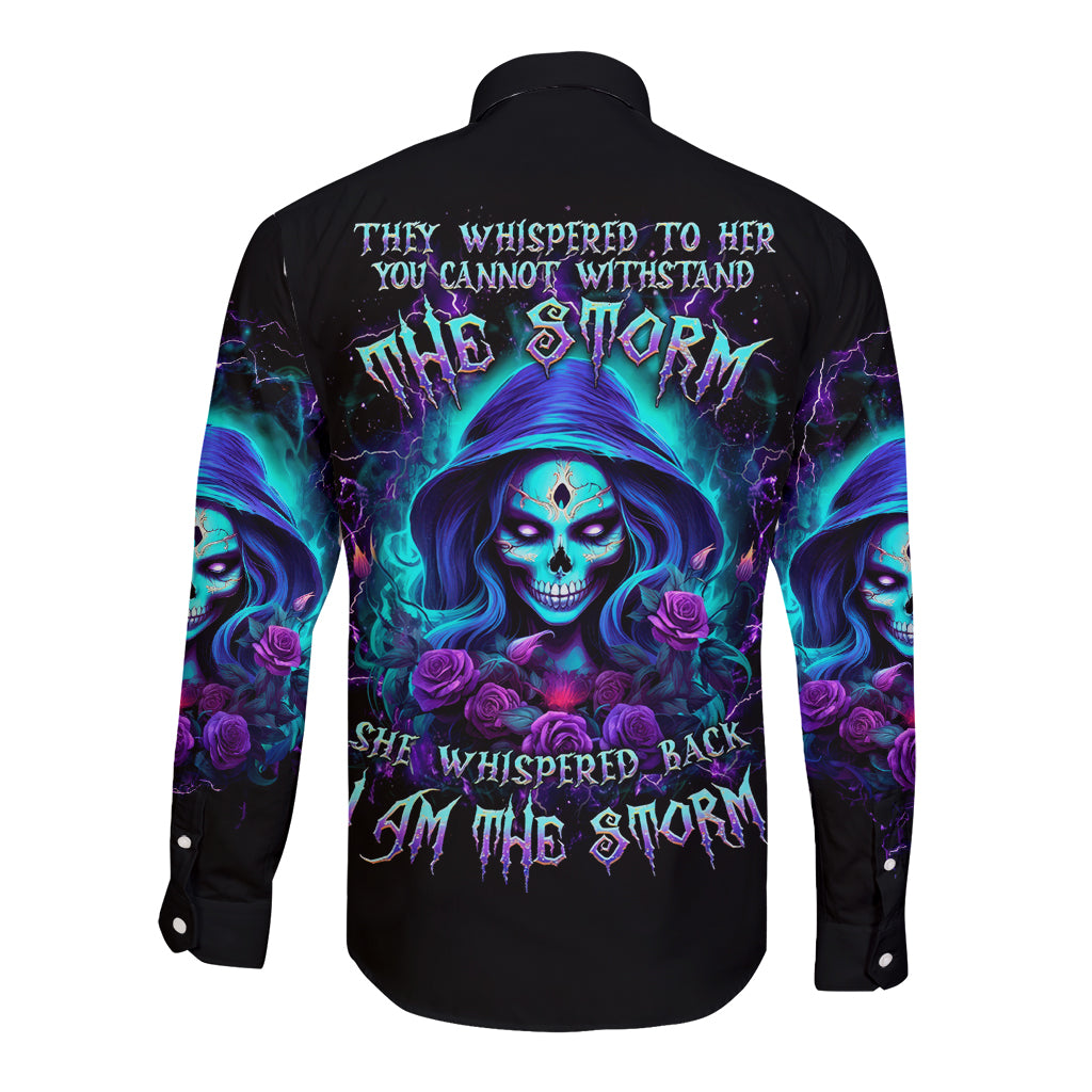 Skull Lady Long Sleeve Button Shirt Rose Skull She Whispered Back Iam The Storm - Wonder Print Shop