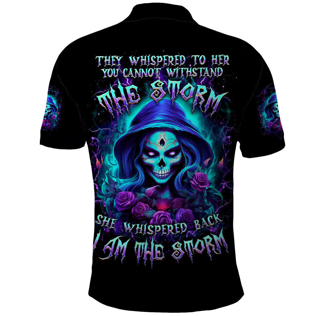 Skull Lady Polo Shirt Rose Skull She Whispered Back Iam The Storm - Wonder Print Shop