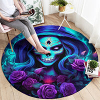 Round black rug with blue skull portrait, purple roses, and vivid teal swirl details