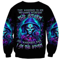 Black unisex sweatshirt with blue skull woman graphic, roses and storm text on back
