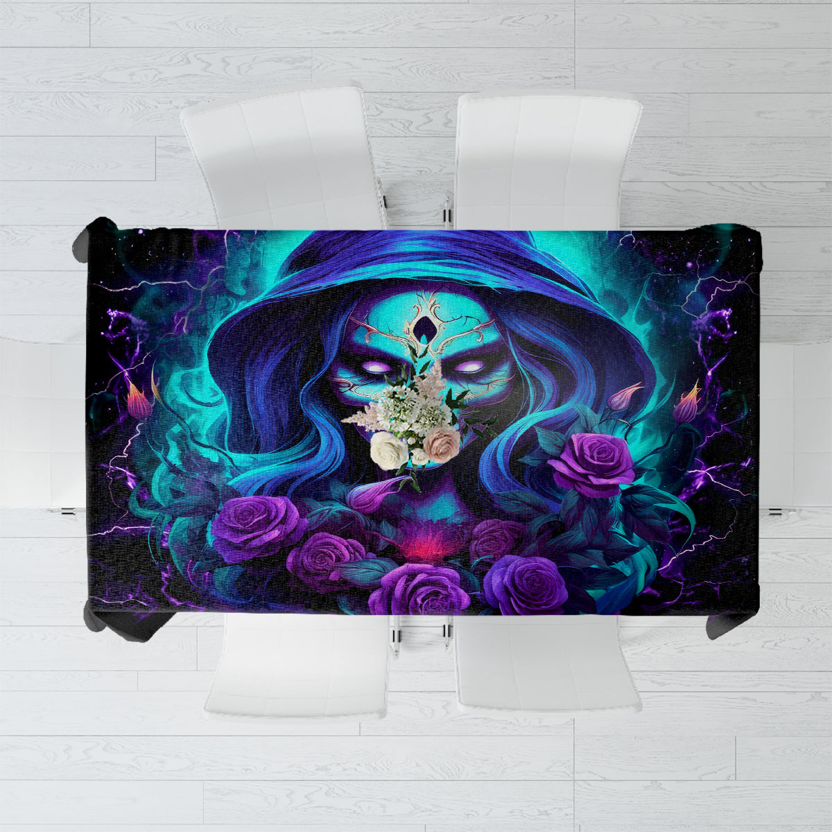 Black tablecloth with neon blue and purple skull artwork and roses