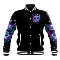 Black baseball jacket, snap-button front, skull wing graphic on chest and sleeves