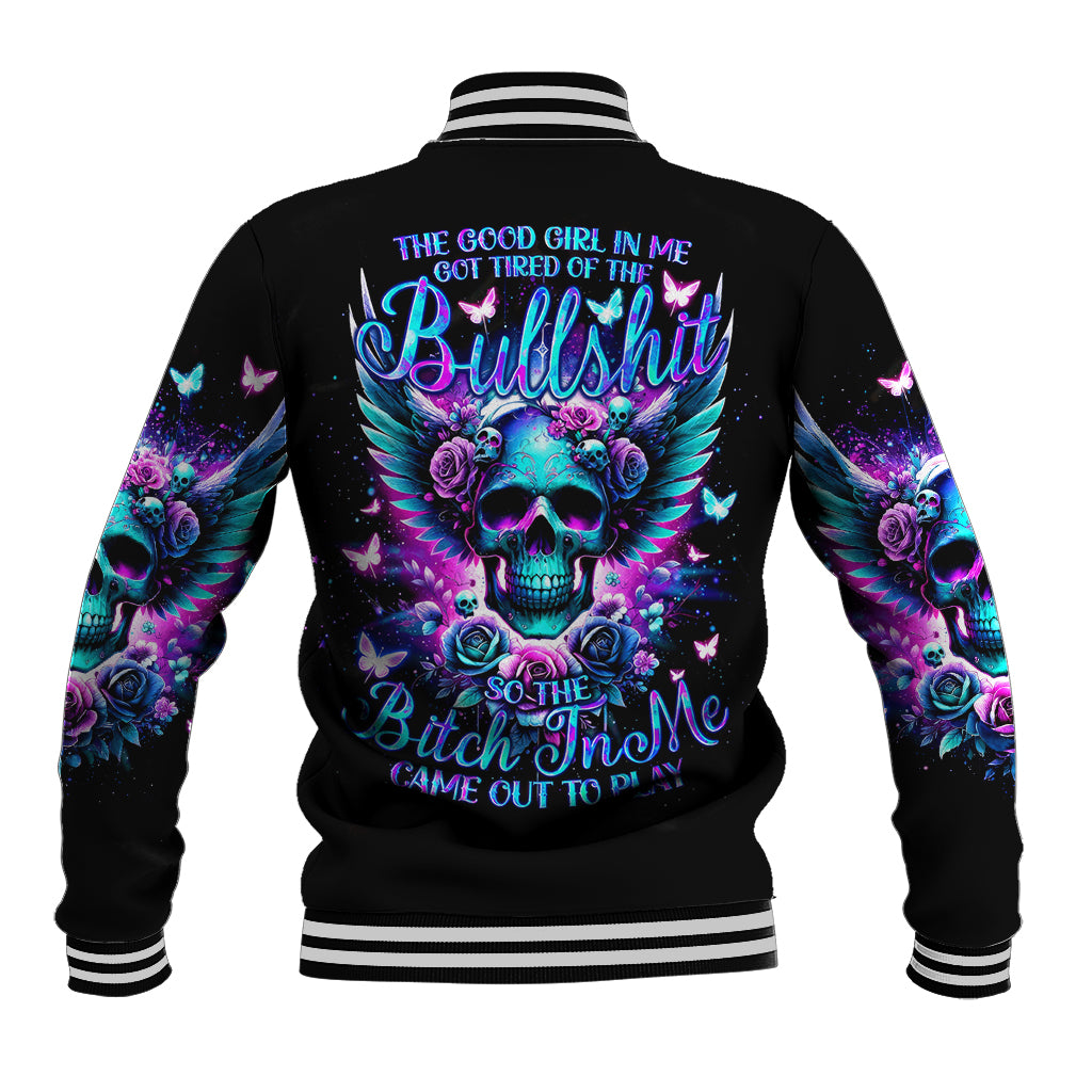 Black baseball jacket, striped rib collar and cuffs, skull wings graphic on back