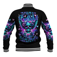 Black baseball jacket, striped rib collar and cuffs, skull wings graphic on back