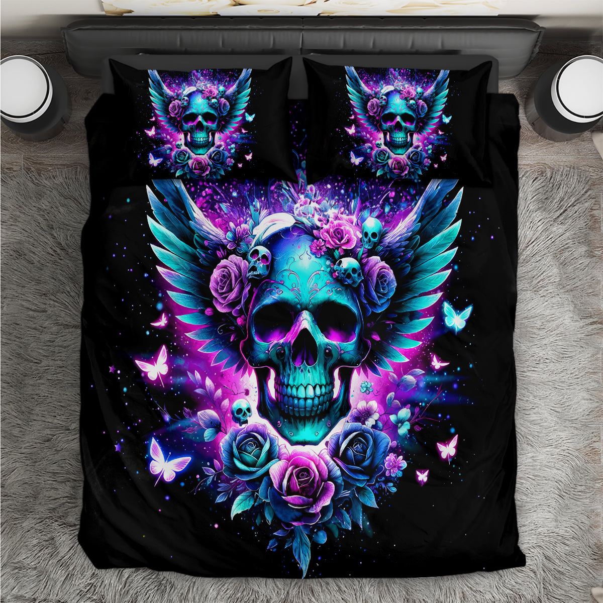 Black gothic duvet cover set with skull, teal wings, roses, butterflies, and two pillowcases
