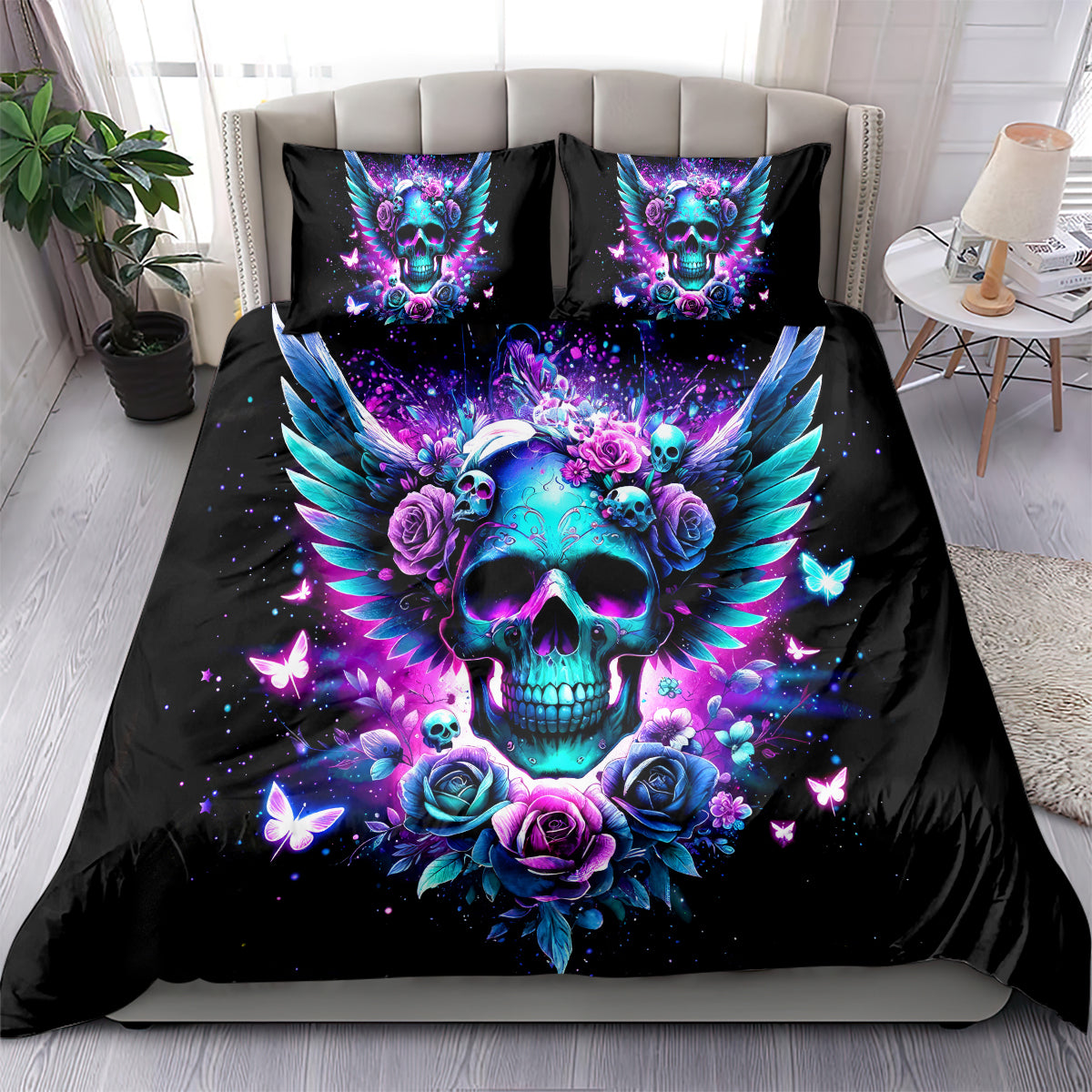 Black duvet cover set featuring glowing skull with teal wings, purple roses, butterflies, and 2 pillows