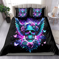 Black duvet cover set featuring glowing skull with teal wings, purple roses, butterflies, and 2 pillows