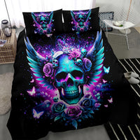 Black bedding set with large centered skull artwork, bright teal wings, roses, and butterflies
