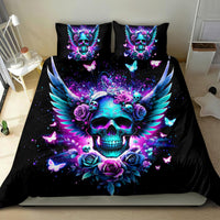 Black duvet cover with skull and teal feather wings, purple-blue roses, butterflies, plus two pillowcases