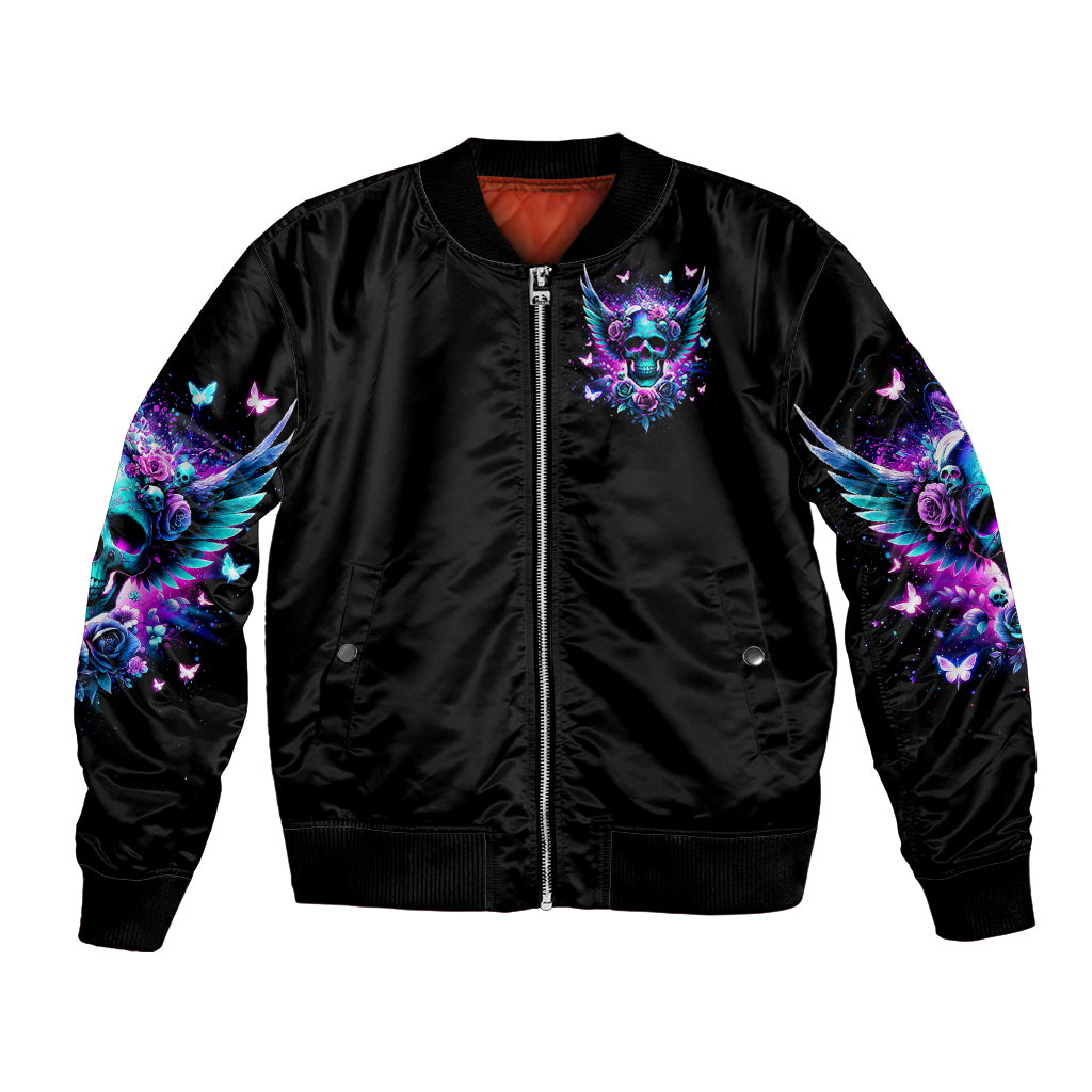 Black unisex bomber jacket with front zipper and neon skull wing artwork