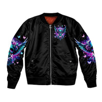 Black unisex bomber jacket with front zipper and neon skull wing artwork