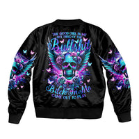 Black unisex bomber jacket with colorful skull and wings graphic on back