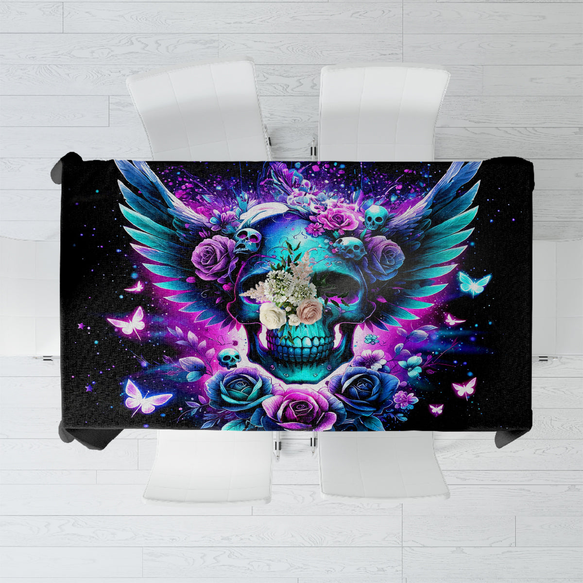 Black tablecloth with colorful skull and wing graphic center print