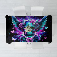 Black tablecloth with colorful skull and wing graphic center print