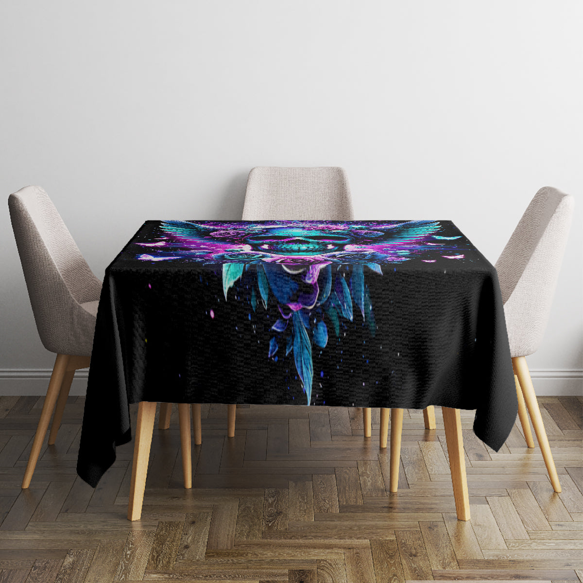 Black skull-wings tablecloth on dining table with geometric blue and purple artwork