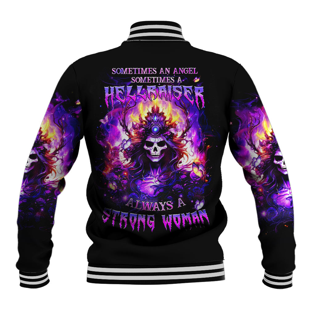 Black baseball jacket with purple flaming skull graphic, striped ribbed collar and cuffs