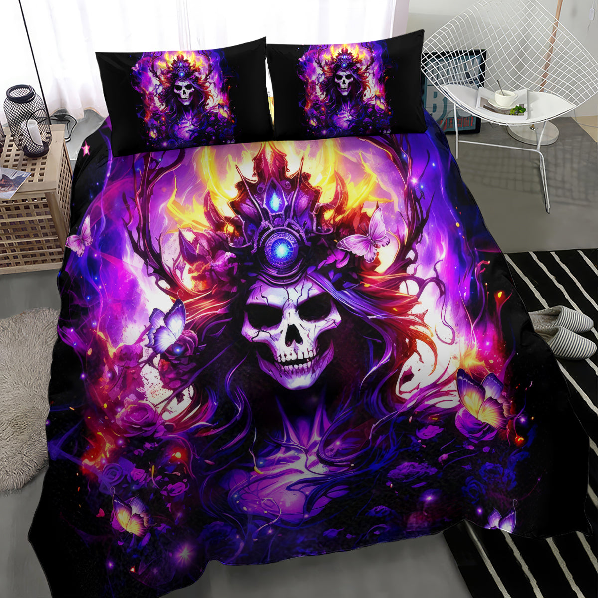 Skull fantasy duvet cover with black and purple artwork and two matching pillowcases