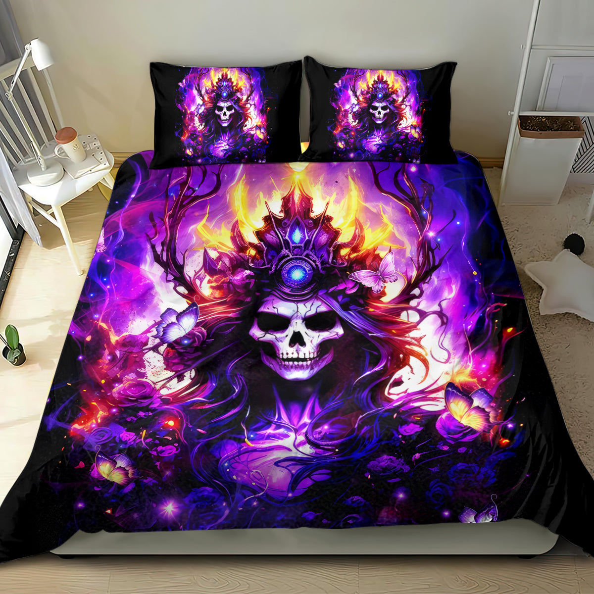 Skull fantasy bedding set: purple, orange flames artwork on black duvet with two pillowcases