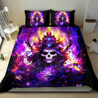 Skull fantasy bedding set: purple, orange flames artwork on black duvet with two pillowcases