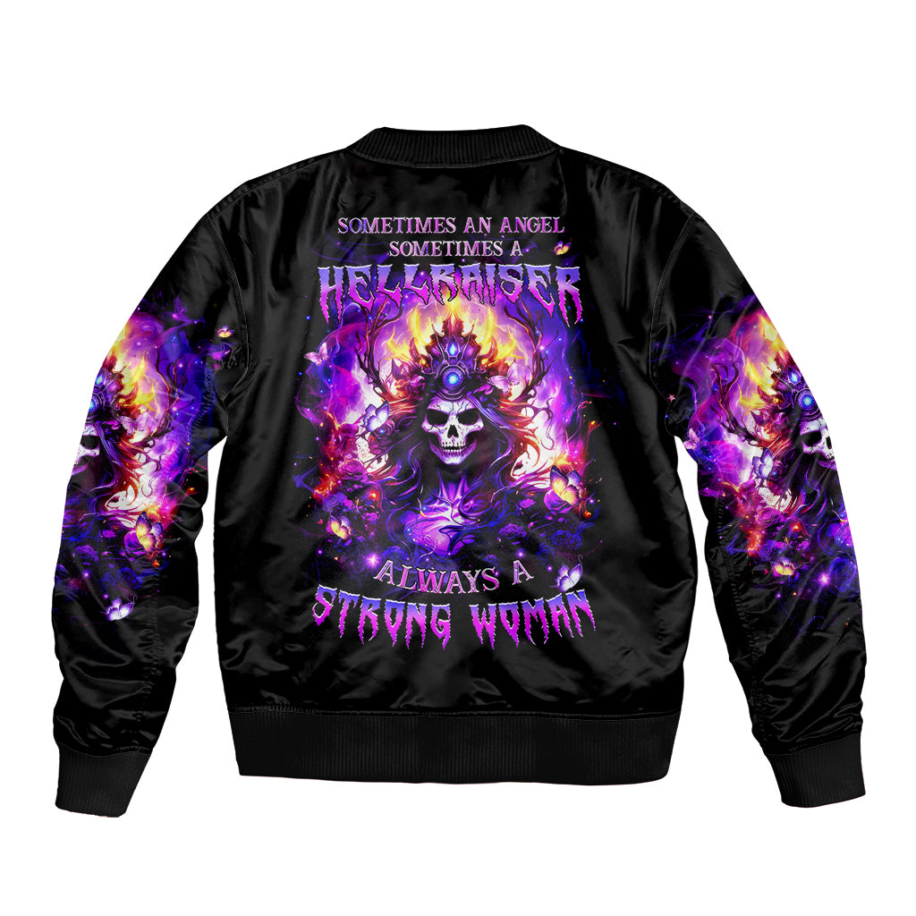Black bomber jacket with purple skull back graphic, ribbed collar and cuffs
