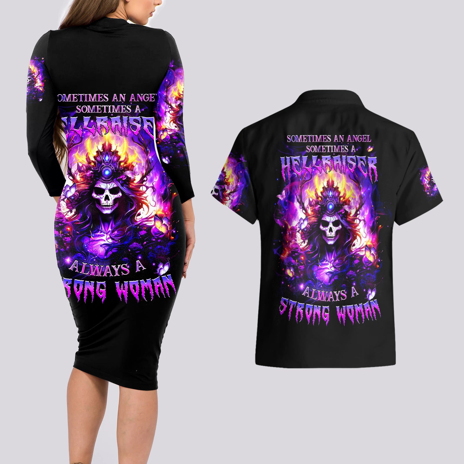 Queen Skull Couples Matching Long Sleeve Bodycon Dress and Hawaiian Shirt Sometimes An Angel Somethimes Hellraiser Always A Strong Woman - Wonder Print Shop