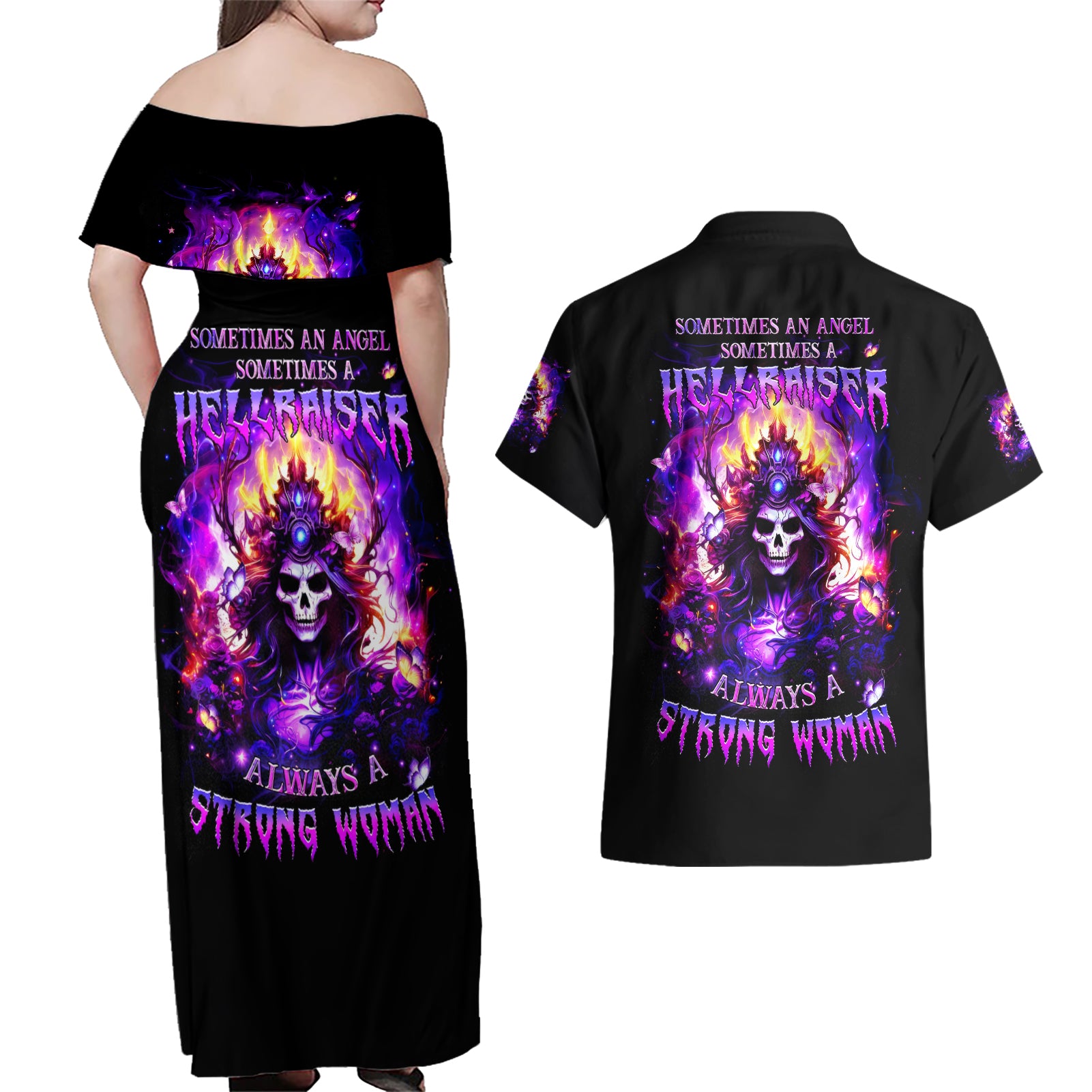 Queen Skull Couples Matching Off Shoulder Maxi Dress and Hawaiian Shirt Sometimes An Angel Somethimes Hellraiser Always A Strong Woman - Wonder Print Shop