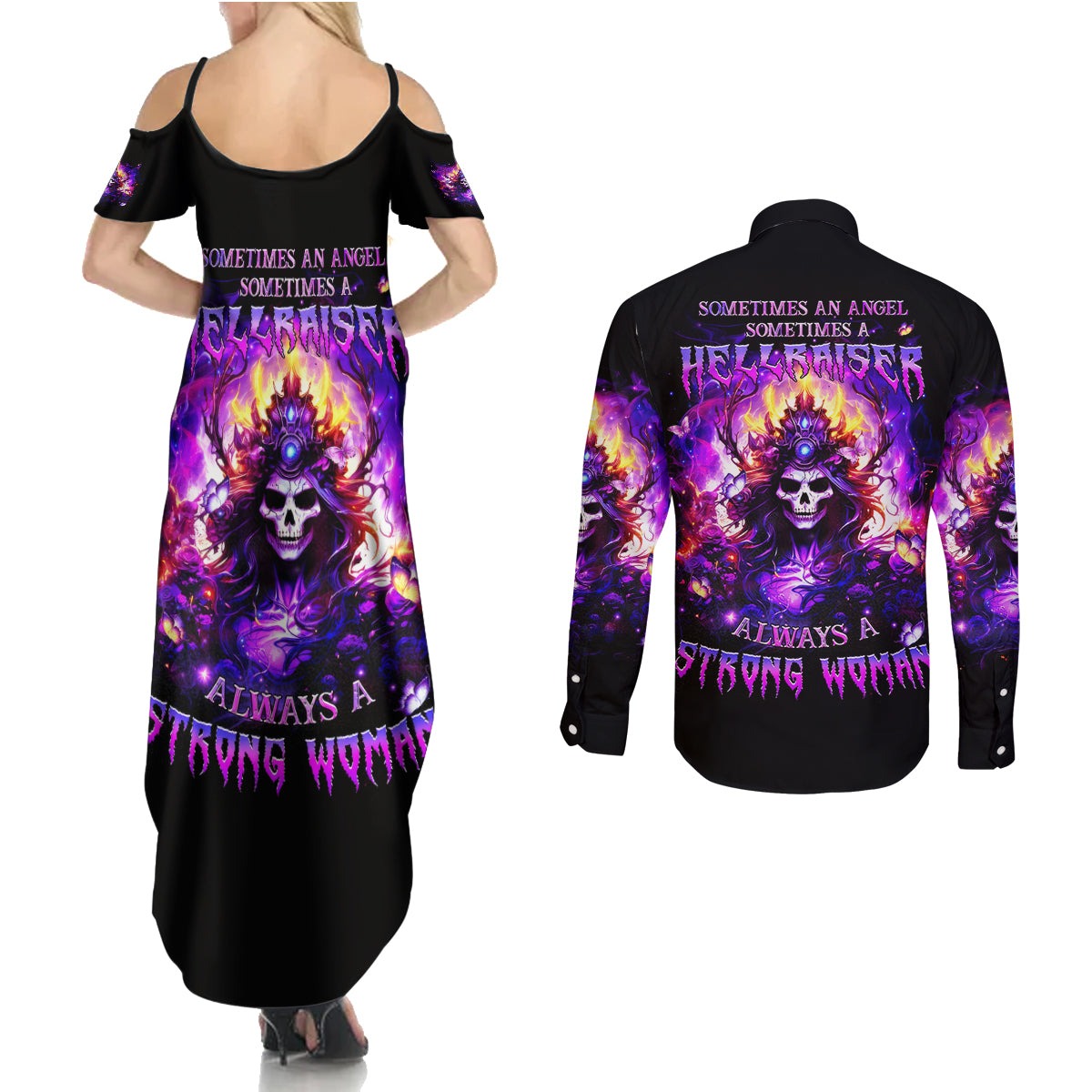 Queen Skull Couples Matching Summer Maxi Dress and Long Sleeve Button Shirt Sometimes An Angel Somethimes Hellraiser Always A Strong Woman - Wonder Print Shop